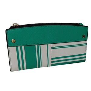 A New Day Green White Striped Slim Continental Wallet Zip Top Faux Leather